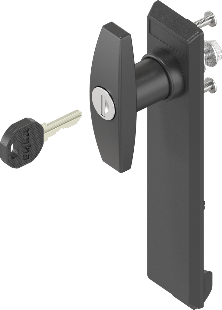 Escutcheon with T-handle, keyed EK 333, Polyamide black and zinc die black powder-coated