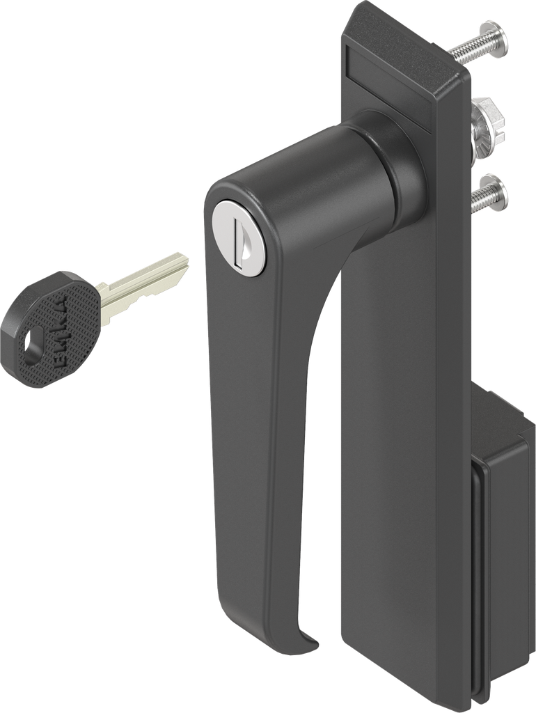 Escutcheon with L-handle, keyed EK 333, Polyamide black and zinc die black powder-coated