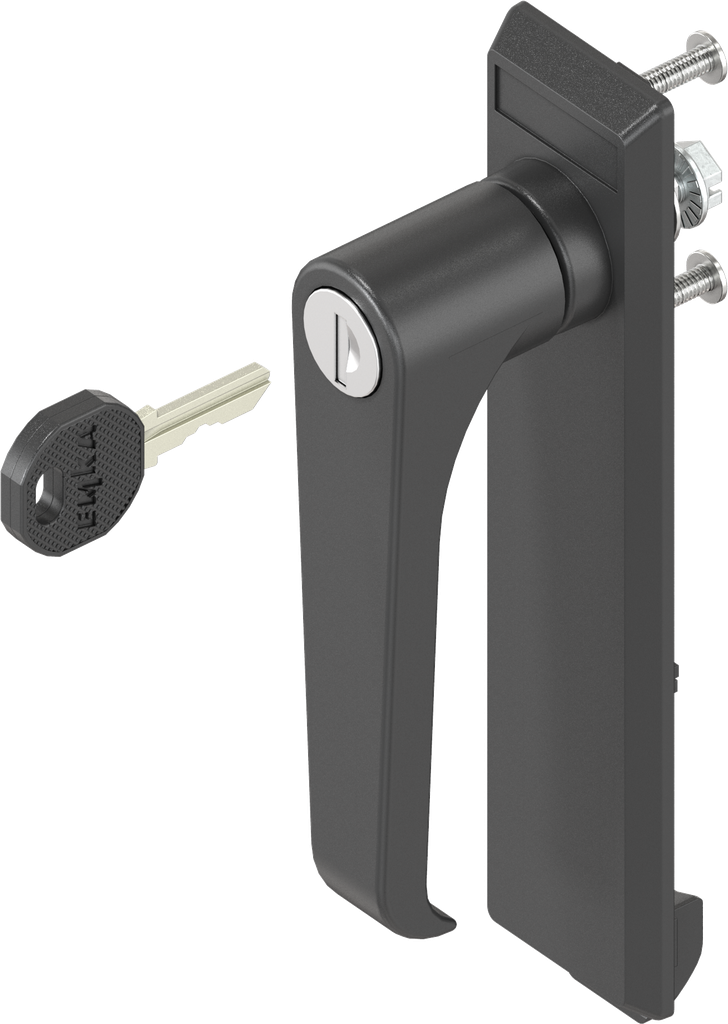 Escutcheon with L-handle, keyed EK 333, Polyamide black and zinc die black powder-coated