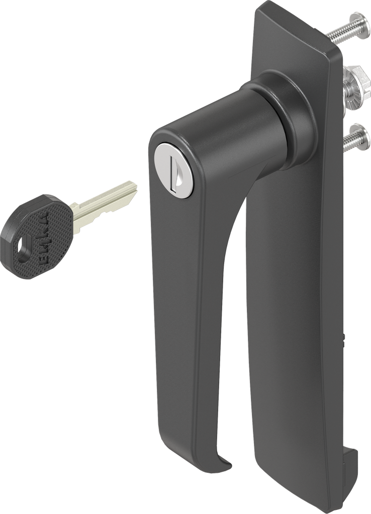 Escutcheon long with L-handle, keyed EK 333, Polyamide black and zinc die black powder-coated