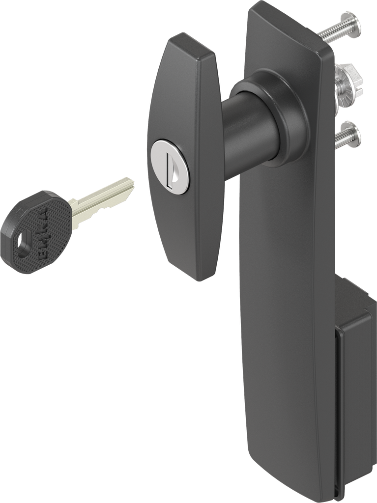 Escutcheon long with T-handle, keyed EK 333, Polyamide black and zinc die black powder-coated